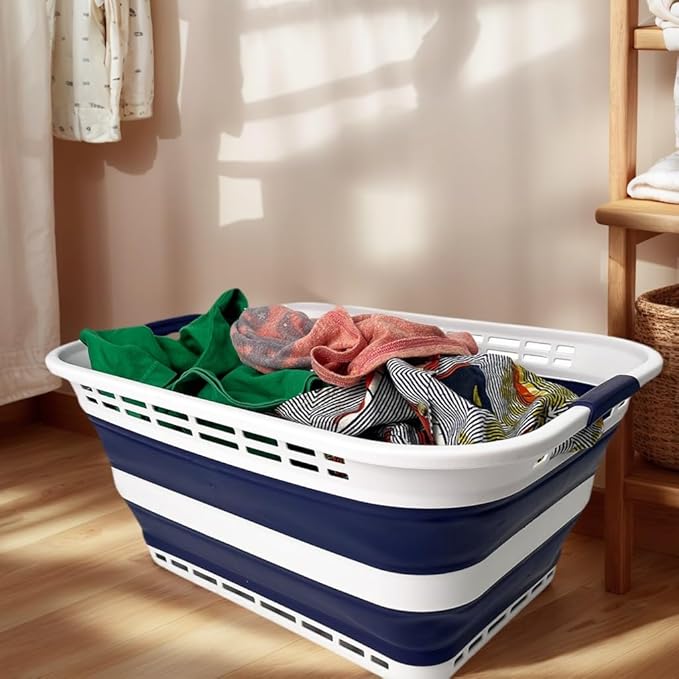 SAMMART 42L (11 Gallons) Collapsible Plastic Laundry Basket - Foldable Pop Up Storage Container/Organizer - Portable Washing Tub - Space Saving Hamper/Basket [BPA Free] (White/Starry Blue (Set of 2))