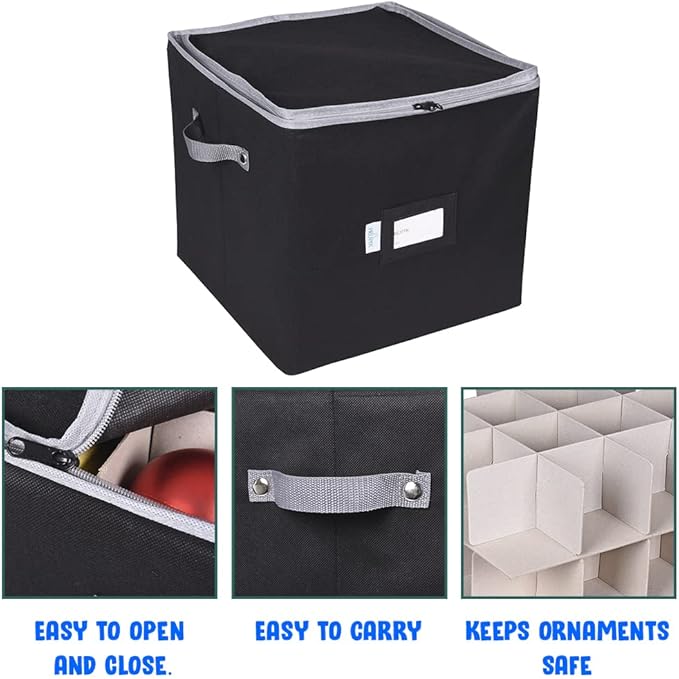 ProPik Christmas Ornament Storage Box, 4 Tier Holds Up to 64 Holiday Ornaments Decoration Balls, Storage Container with Dividers for 3” Bulbs, Made with Durable Oxford Polyester Material (Black)