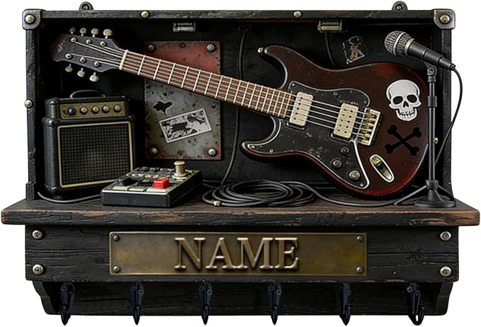 Custom 2D Flat Print Rock Guitar Key Storage Holder for Music Lover Family Friends Music Themed Wall Hooks Personalized Vintage Guitar Stand Name Key Rack Coat Holder for Culb Living Room Hallway