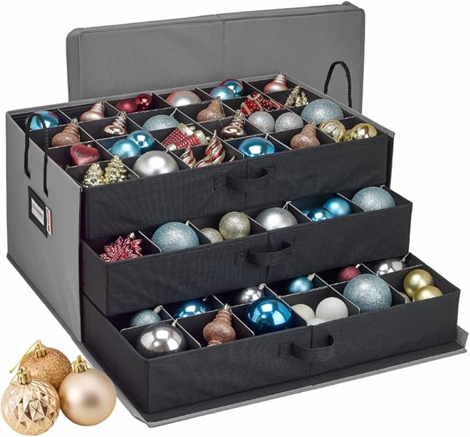 HOLDN’ STORAGE Christmas Ornament Storage Box with Dividers, Holds Up to 72 Ornaments (4 Inches), Large Organizer with 3 Stackable Trays - Gray