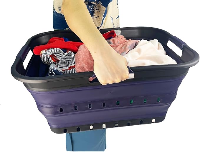 SAMMART 42 (11 Gallons) Collapsible Plastic Laundry Basket, Foldable Pop Up Storage Container/Organizer, Space Saving Hamper, Portable Bin for Dorm Room Bathroom (1, Black/Dark Purple)