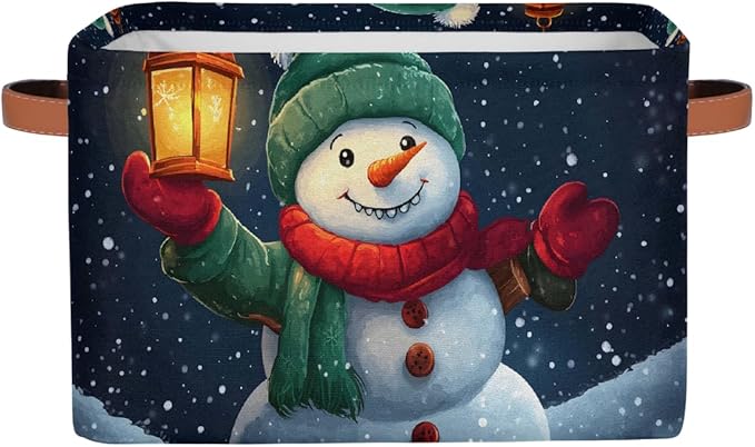 Storage Baskets Bin, Christmas Winter Snowman Collapsible Canvas Fabric Storage Bin Decorative Baskets Toy Organizer Rectangle Storage Boxes with Handles for Home Shelves Nursery, J-014