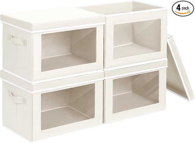 Storage Bins with Lids, 4 Pack Large Storage Cubes with Window, Closet Bins with Lids & Handles, Fabric Box for Organizing Clothes, Towels, Books, Beige