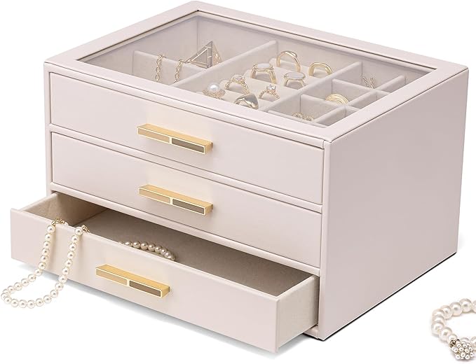 Vlando Jewelry Box for Women Girls,Jewelry Organzier,3 Drawers,Glass Lid Jewelry Organizer Storage for Gem Diamond Necklaces Rings Earrings Bracelets Apricot White