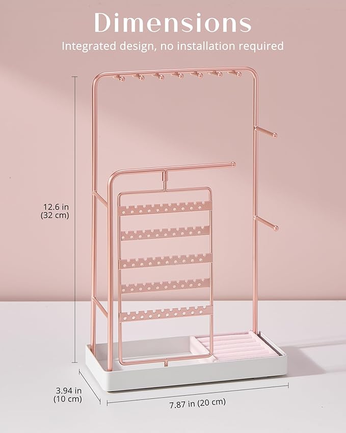 ProCase Jewelry Stand Holder Organizer, Jewelry Display Storage with Ring Tray, No-Assembly Needed, Rotating Earring Bracelet Necklace Holder, Christmas Gifts Room Dorm Decor for Teen Girls -Rosegold