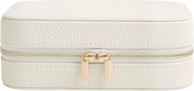 Genuine Leather Travel Jewelry Organizer Case with Mirror for Women, Small Mini Portable Jewelry Box for Ring Earrings Necklace Bracelet Luxury Gift for Women（Ivory White）
