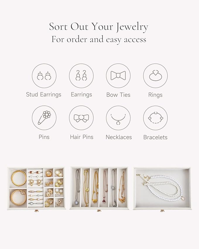 CASEGRACE Jewelry Box for Women with Glass Lid - Leather Jewelry Storage Organizer 3 Drawers for Necklaces, Rings, Earrings & Bracelets, Ideal Gift (White, 3 Layer)