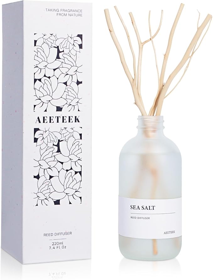 Ocean Mist & Sea Salt Reed Diffuser, 7.4oz(220ml) Sea Salt Musk & Seaweed Essential Oil Refill, Bathroom Air Freshener with Willow Branches Decor, Long Lasting Fragrance for Home (1-Pack)