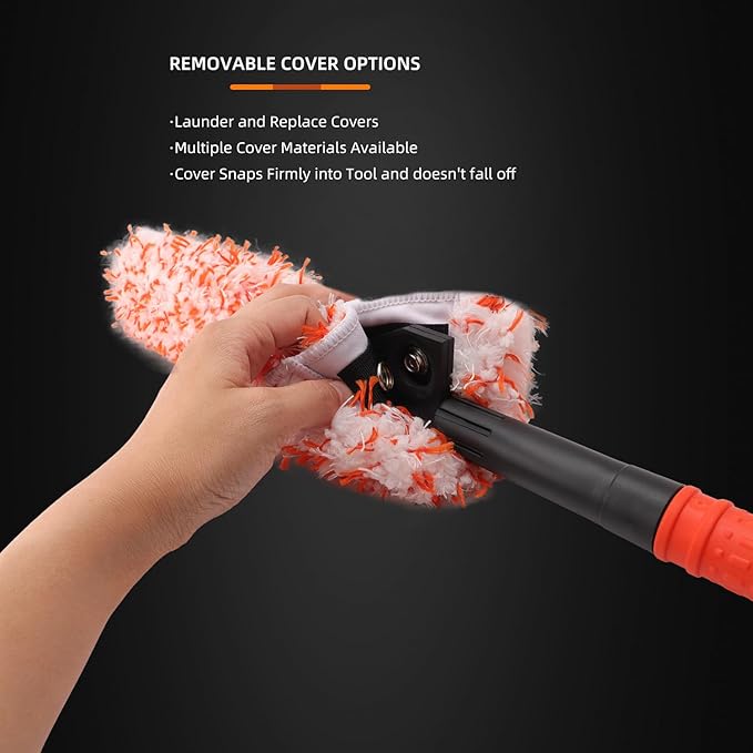Microfiber Wheel Brush, SPTA Removable Car Wheel Cleaning Brush with 2 Interchangeable Microfiber Covers, Bendable, Firm Rim Cleaner Brush for Wheel Cleaning, Long Non-Slip Handle and Flat Head
