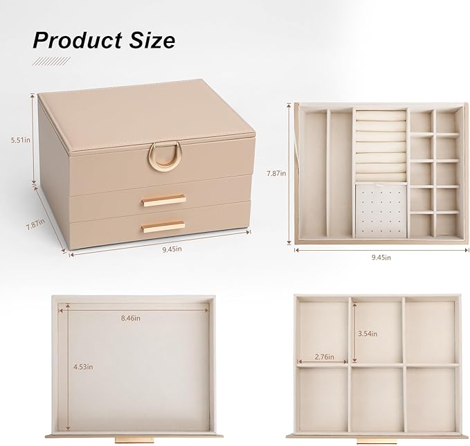 Elegant Gift Jewelry Box with Mirror - 3-Layer Organizer for Earrings, Rings, Necklaces, Ready to Give for Birthday Anniversary Christmas Apricot