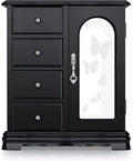 RR ROUND RICH DESIGN Jewelry Box - Made of Solid Wood with 4 Drawers Organizer and Built-in Necklace Carousel and Large Mirror Black