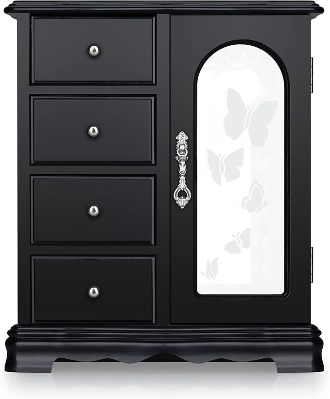 RR ROUND RICH DESIGN Jewelry Box - Made of Solid Wood with 4 Drawers Organizer and Built-in Necklace Carousel and Large Mirror Black