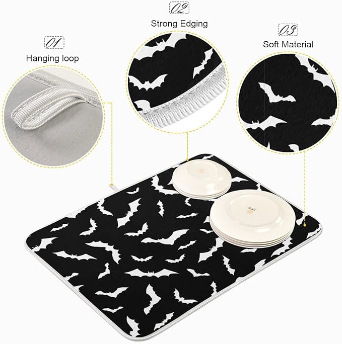 Black Bats Dish Drying Mat 18x24 for Kitchen Counter Happy Halloween Spooky Boo Dishes Pad Absorbent Fast Dry Dish Draining Mats Large Kitchen Accessories