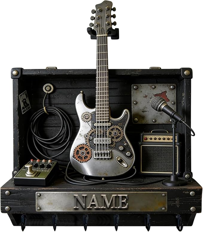 Personalized 2D Flat Print Guitar Stand Themed Wall Mounted Hooks for Music Lovers Family Friends Custom Rock Electric Guitar Coat Rack Music Themed Key Storage Holder for Living Room Hallway Office