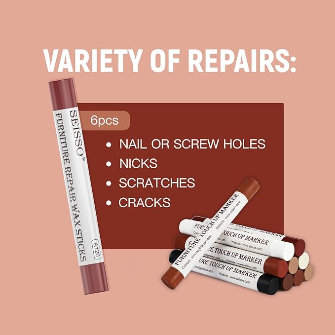 SEISSO Furniture Repair Crayon, 6 Pcs - Wood Filler Sticks, Scratch Repair Wax, Furniture Marking Repair - Scratch, Hole, Table, Wood Floor, Guitar, Covering, Instrument Fill Sticks-Cherry Wood
