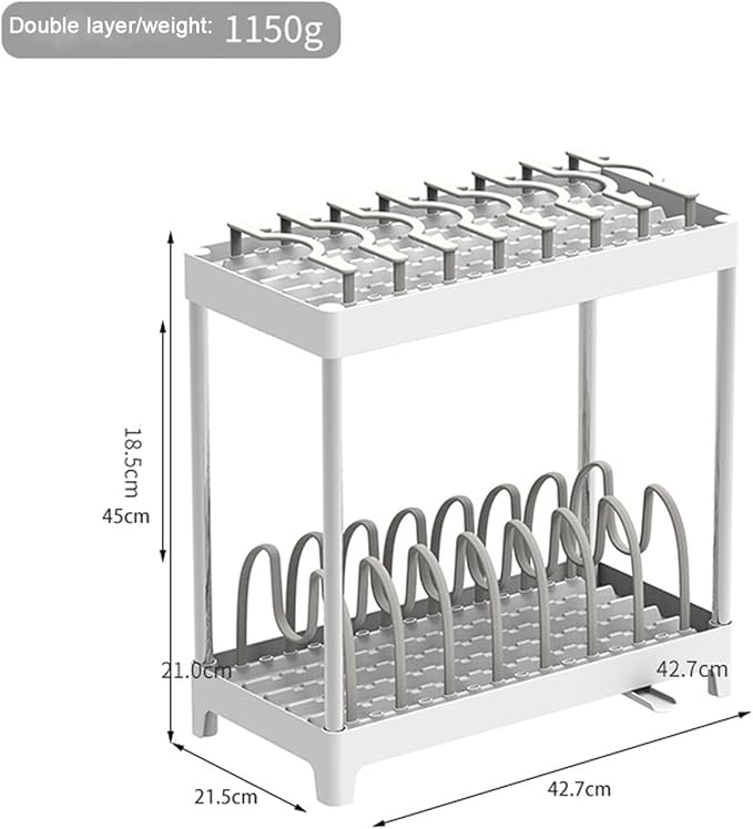 COMEOXO Double-Layer Pot and Pan Lid Organizer with Drainage, Adjustable 16 Compartments for Kitchen Cabinets - Bakeware, Cookware, Cutting Boards & Dishes (Khaki Gray)