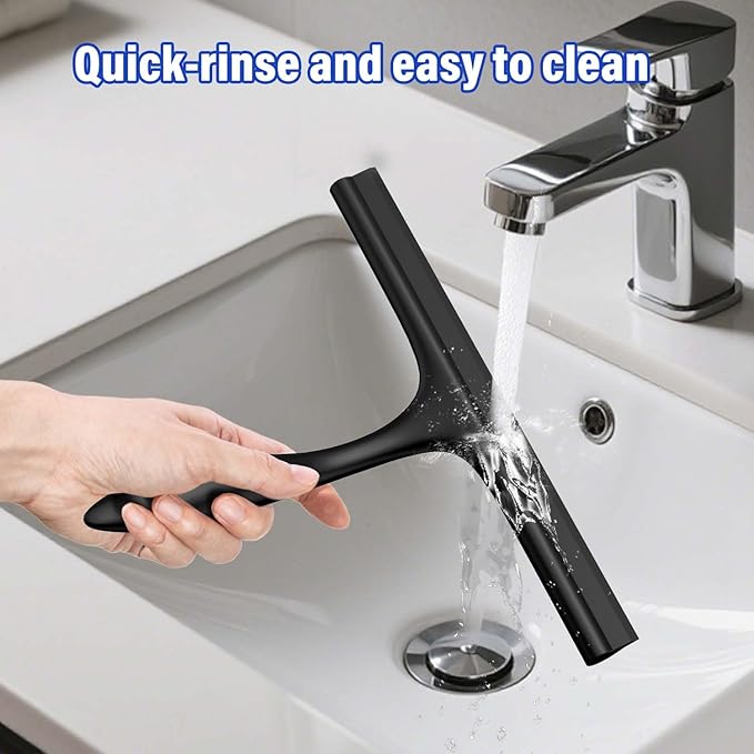 Anjinwiper Shower Squeegee for Glass Doors with Adhesive Hook, Window Squeegee for Shower Glass, Cleaning Tile Wall, Bathroom Cleaner Tool Household Silicone Squeegee(10 inch-Black)