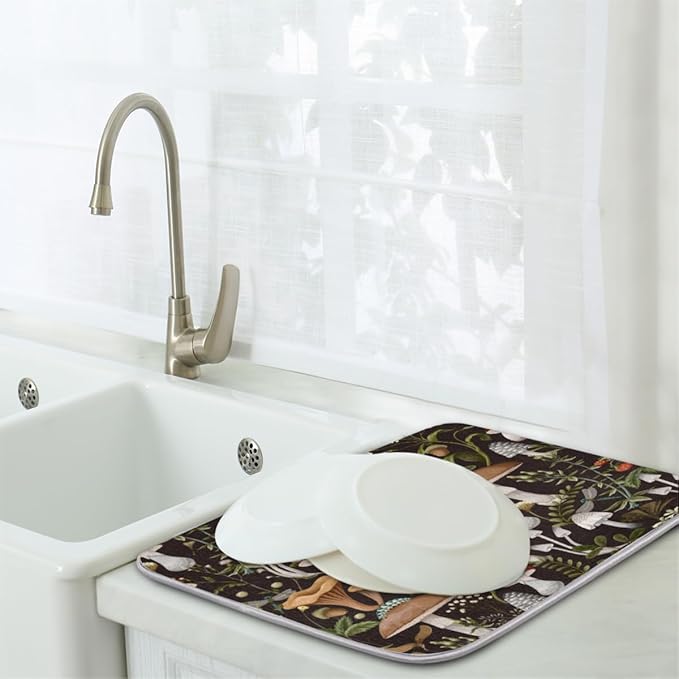 Hexteria Mushroom Dish Drying Mat For Kitchen Counter 18 X 24 Inch, Microfiber Absorbent Dish Drainer Mat for Countertops Protector Pad