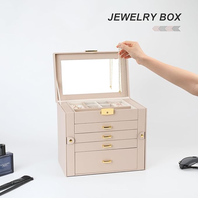 Jewelry Box, Women's Jewelry Organizer with Mirror, 5 Layers & 4 Drawers, Apricot