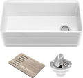 KRAUS Turino Workstation 33-inch Farmhouse Reversible Apron Front Fireclay Single Bowl Kitchen Sink with Accessories in Gloss White, KFR4-33GWH