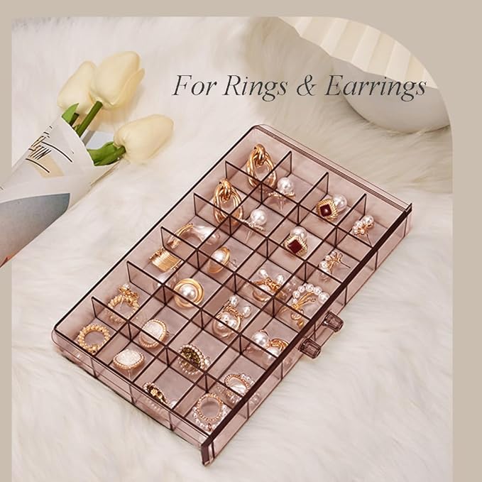 Earring Storage Box Organizer 3 Drawers Acrylic Jewelry Storage Box Holder Transparent Jewelry Display Stand with 72 Small Compartments Gift for Women Girls (Clear Purple Brown)
