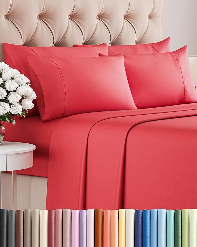 Queen 6 Piece Sheet Set - Comfy Breathable & Cooling - Ultra Soft Hotel Luxury Bedding Set with 8-16 Inch Deep Pockets - 1 Flat & 1 Fitted Sheet & 4 Pillowcases - Cozy, Wrinkle Free & Easy Care - Red