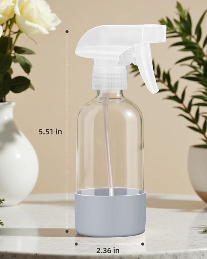 Worldgsb 4 Pack Glass Spray Bottles 8 oz, Empty Refillable Containers with Silicone Sleeve Protection, Glass Spray Bottles for Cleaning Solutions, Hair and Plants with Adjustable Nozzles Blue&Grey