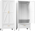COFaR Metal Wardrobe Closet with Doors, 71'' Tall Farmhouse Bedroom Armoires with Drawer and Hanging Rod, Freestanding Steel Wardrobe Cabinet Coat Closet for Bedroom Home Office, White
