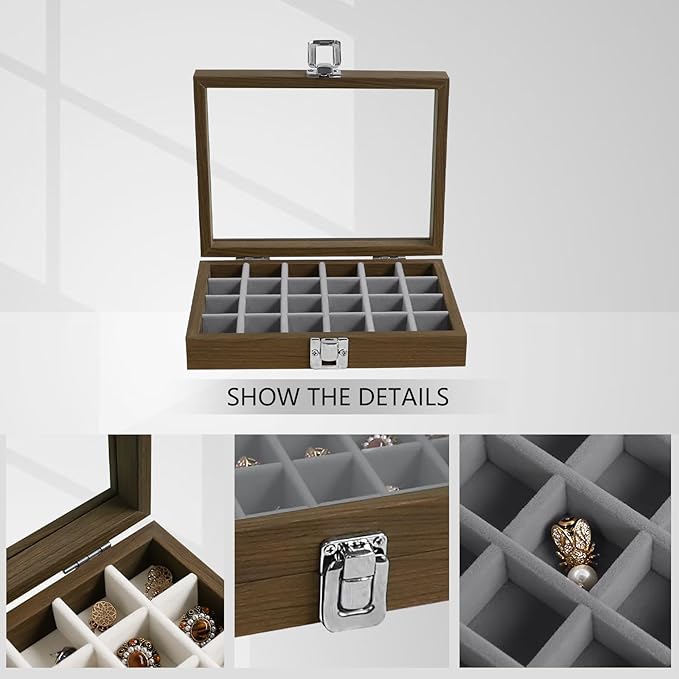 Wudygirl Small Jewelry Box Wooden Jewelry Organizer 24 Grid Ring Holder Earring Box with Lid Earring Holder Organizer for Women Jewelry Display Case Ring Storage for Drawer (Gray)