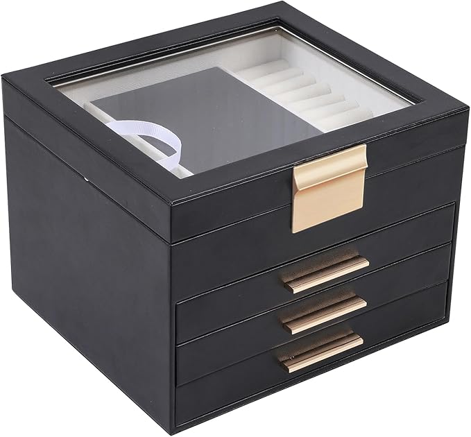 BOOVO Clear Lid Jewelry Box,4 Layers Jewelry Organizer Large Jewelry Storage Box with 3 Drawers,Jewelry Holder Organzier of Rings Earrings Necklace Bracelets for Women (Black, 4 Layer)