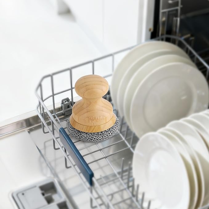 Cast Iron Scrubber and Scraper,Chain Mail Cleaner with Bamboo Handle & Draining Tray,316 Stainless Steel Brush for Cleaning Pots,Pans,Wok,Bakeware,Griddles, Grills,Dishes (Small Chain Mail)