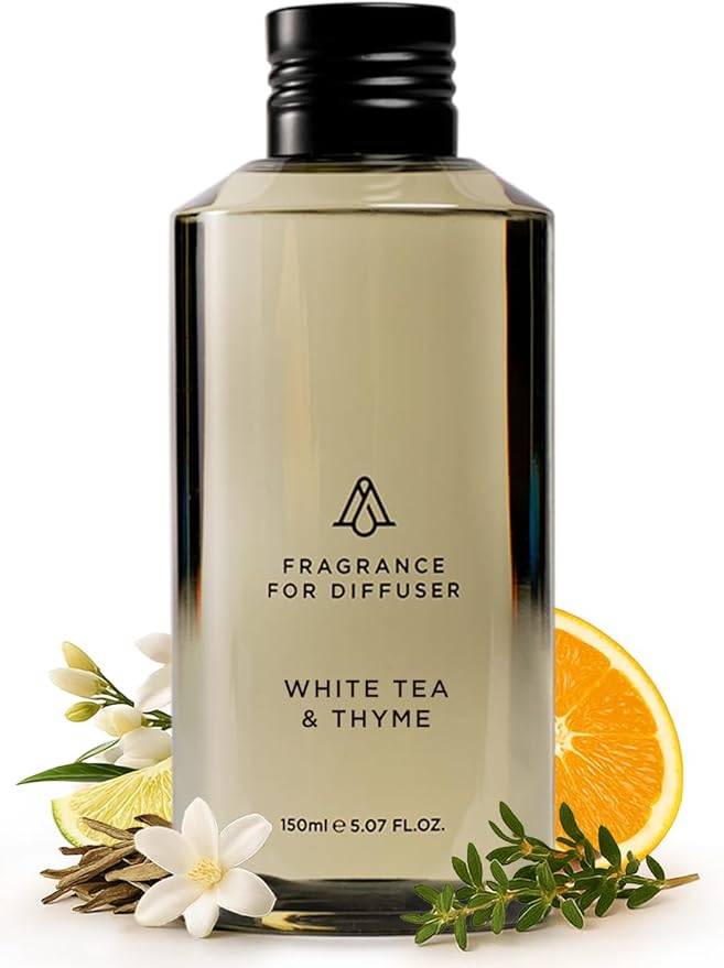 AromaPlan Hotel Scents White Tea & Thyme 5 Fl Oz (148ml), Home Luxury Aroma & Hotel Fragrance Diffuser Oil- Hotel Diffuser Oil for Aromatherapy- USA Made, Bigger Bottle, Bolder Aroma & Longer Lasting