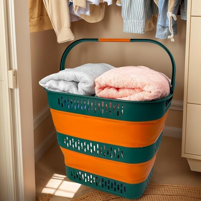 SAMMART 38L(10 Gal) Collapsible Laundry Basket - Foldable Pop-Up Storage Container/Organizer-Portable Space Saving Hamper, Measure 17.5x13.3x15.7"/3.8" Expanded/Collapsed (1, Teal Green/Autumn leaf)