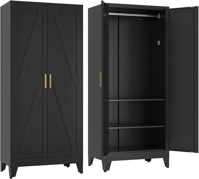 COFaR 71'' Metal Armoire Wardrobe Closet, Steel Wardrobe Cabinet with Adjustable Hanging Rod and Shelves, 2 Doors Farmhouse Closet Storage for Bedroom Garage Laundry, Black Roperos para Guardar Ropa