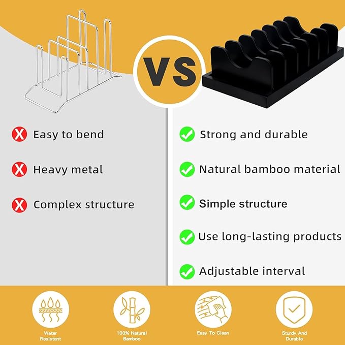 MinBoo Bamboo Pot Lid Organizer Pot Lid Holder, Pot and Pan Organizer Drawer Organizer for Pot Lids, Pans, Cutting Boards & Baking Sheets, Dinner Plates, Reusable Containers in Cabinet Storage,Black