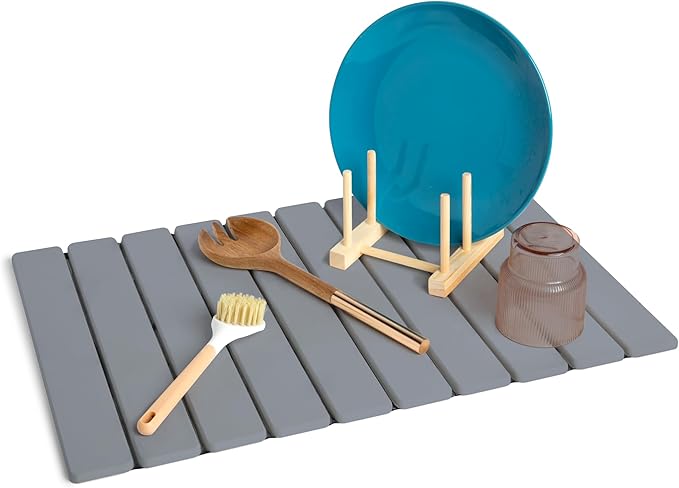 Hycrest HavenMat – Large Stone Dish Drying Mat (24”x16”) with Bamboo Rack & Brush | Quick-Dry Diatomite Counter Mat for Dishes, Glassware, Plants & Pets | Grey Kitchen Drying Stone (Grey)