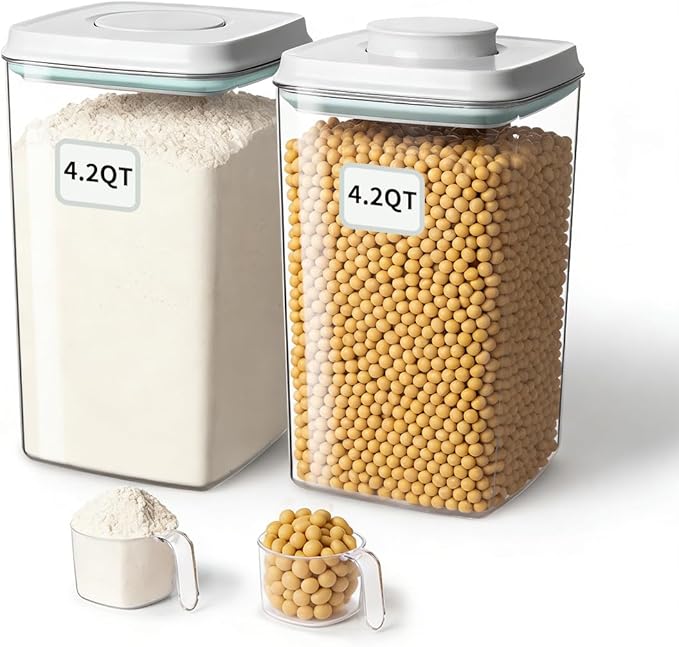 EQI Airtight Food Storage Containers Set with One-Touch Lid, 2-Pack (4.22 QT / 4.0 L) Tall Stackable Durable PET for Bulk Rice, Flour & Baking Essentials Organizer.