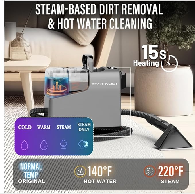 Portable Carpet Cleaner Machine with Steam and Heating Techology,18Kpa Powerful Suction with Versatile Tools for Pets, Couch,Spot Cleaner for Stairs/Furniture/Rug(Gray)