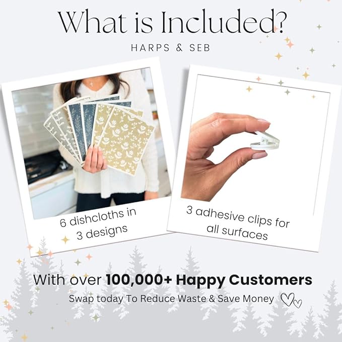 Harps&Seb Swedish Dishcloths for Kitchen Dishcloths - 6 Pack, Reusable Paper Towels with Clips, Super Absorbent Washable Non-Scratch Swedish Dish Towels, No Odor, Biodegradable