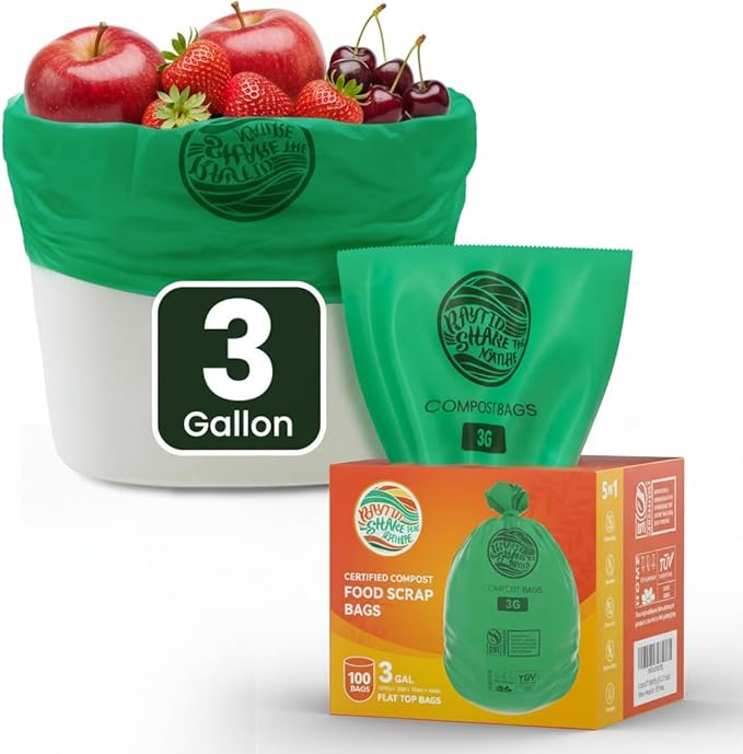 Compost Bags 3 Gallon,100 Count,Compost Food Scrap Waste Bags Fits Countertop Bin,Small Kitchen Food Scrap Waste Bags,Compost bin bags,Certified by BPI,ASTM D6400 and OK compost HOME certified