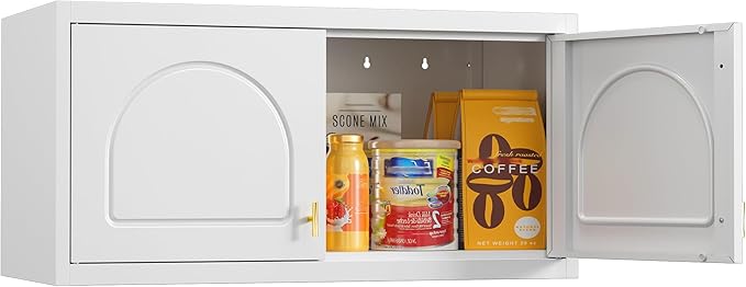Metal Storage Cabinet with Doors, Small Kitchen Storage Cabinets, White Wall Cabinet, 15" Tall Home Office Cabinet, Steel Overhead Cupboard for Pantry, Living Room, Kitchen- Assembly Required