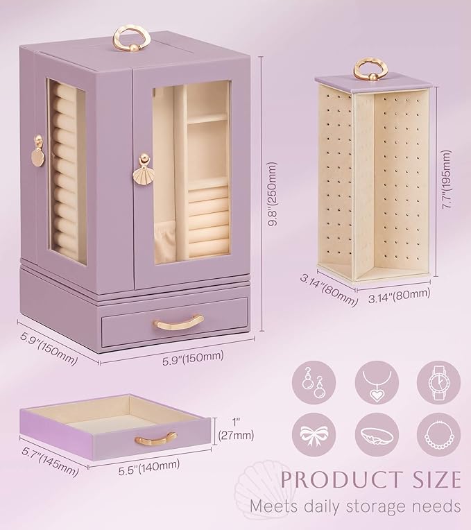 Jewelry Box large for Dresser: Women Necklace Ring Storage Organizer with Compartments - Elegant Earring Holder Display (Grey Purple)