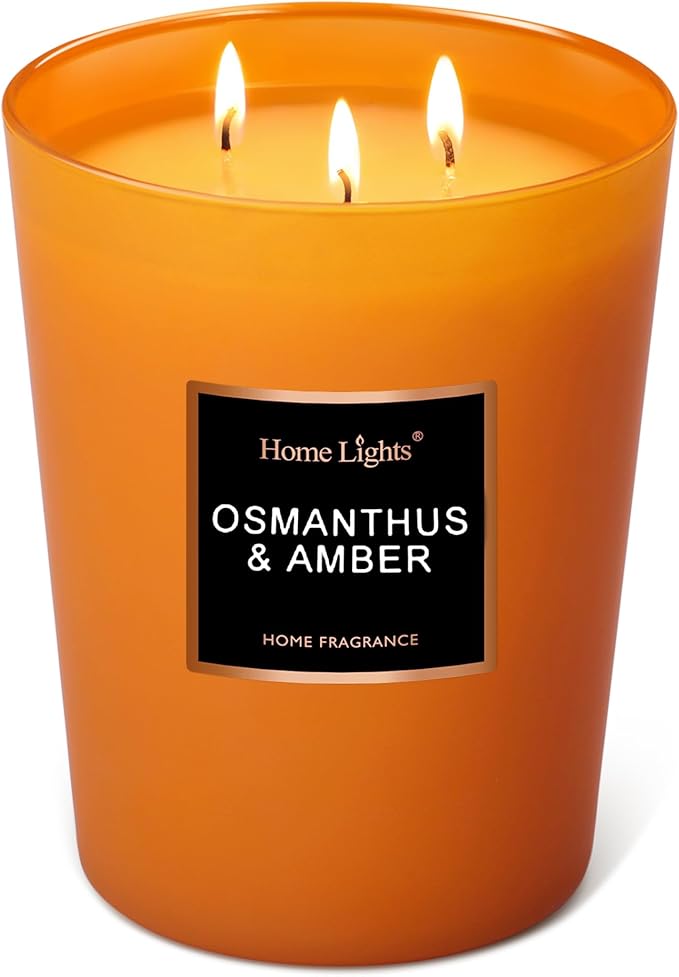 HomeLights Large Jar Candle-33.3 Oz. Natural Soy Aromatherapy Candle | Osmanthus Amber Scent | Up to 130 Hours Burn Time with 3 Cotton Wicks | Home Decorative Fragrance Candle Gift