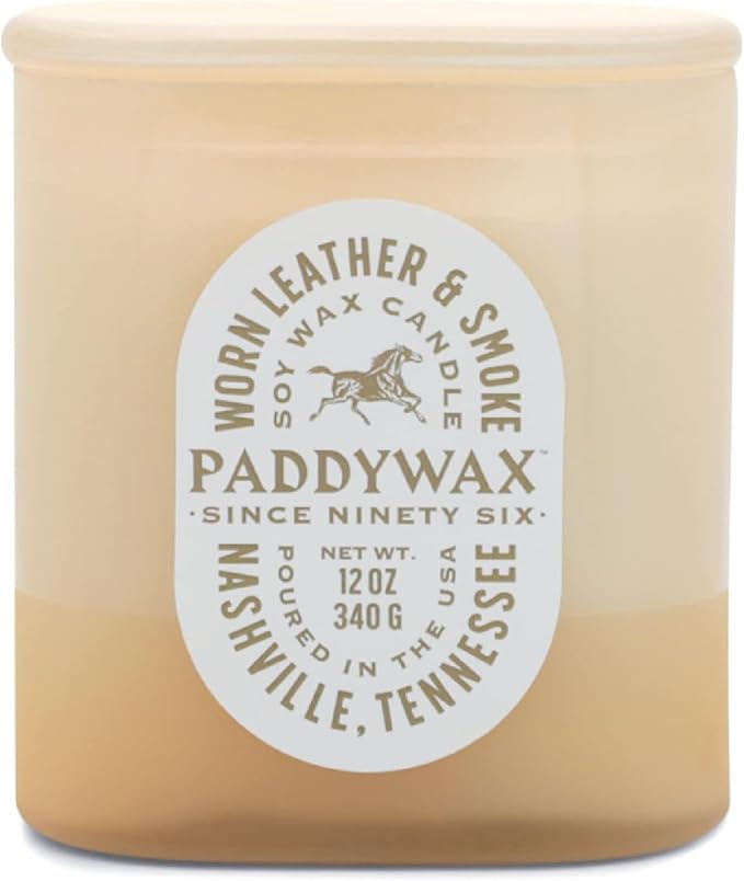 Paddywax Vista Scented Candle with Lid in Reusable Tonal Glass Jar, Clean-Burn 2-Wick Soy Candle with Approx. 84 Hour Burn Time, Decorative Gift Candles for Home, Worn Leather & Smoke, 12 oz