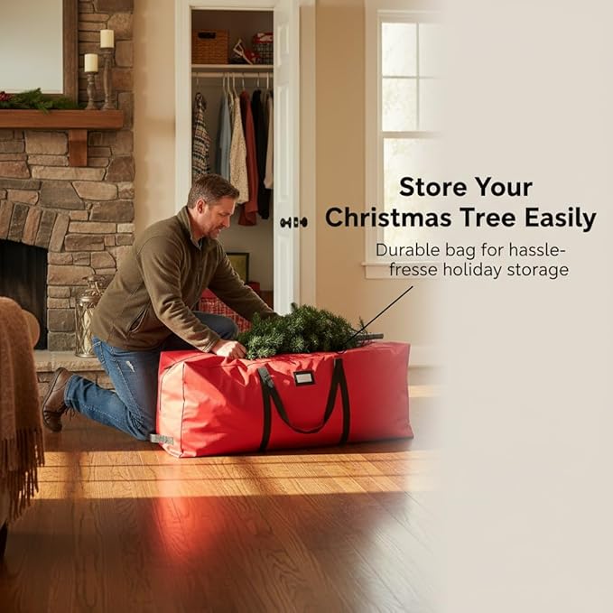 Christmas Tree Bag 9ft- Fits Heavy Duty Artificial Trees- Tear Proof 600D Oxford Fabric Waterproof Xmas Tree Storage Bag with Durable Handles & Zipper- Card Slot - Red