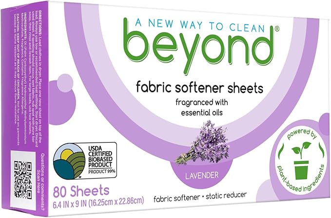 Beyond Fabric Softener Sheets (8 boxes of 80 sheets) - Lavender Scent - Eco-Friendly Plant-Based Dryer Sheets. Removes Static Cling. Recyclable Packaging.