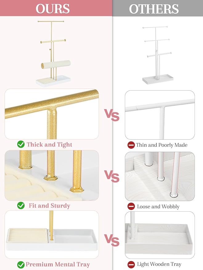 Jenseits 3-Tier Jewelry Holder Organizer:17.1" Adjustable Hanger, Velvet Ring Tray, Metal Aesthetic Display Stand for Necklaces, Earrings, Bracelets, Watches, Gold Jewelry Storage Tower Tree for Women