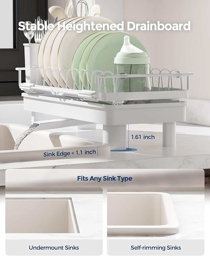 Nacial 2-in-1 Small Dish Drying Rack Fits 14''–21.8'' Sink, Dish Drainers for Kitchen Counter Extend Kitchen Sink Drain Basket with Utensil Holder & Auto-Drain Tray, Stainless Steel Plate Rack, White