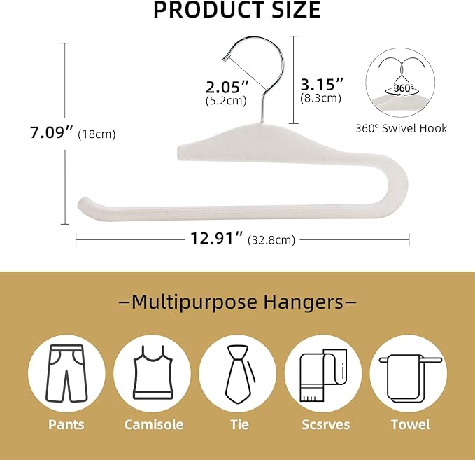 Velvet Pants Hangers, 20 Pack Non-Slip Open Ended Hangers with 360° Swivel Hook Slim Space Saving Jeans Hangers for Pants, Scarves, Ties, Towels, White