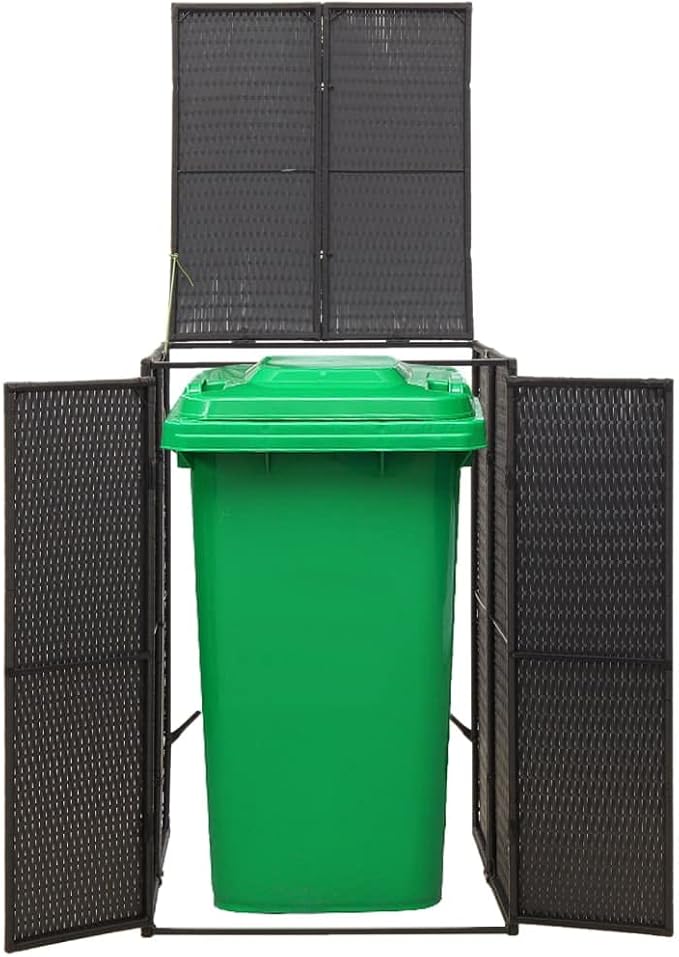 Single Wheelie Bin Shed Garbage Can Storage Shed, PE Trash Container Management Unit, Outdoor Patio Recycling Dustbin Trash Shed, Black 27.6"x31.5"x46.1" Poly Rattan